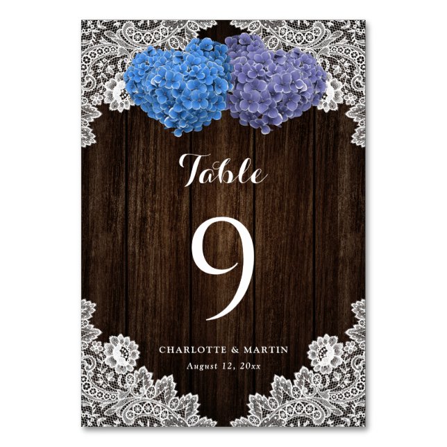 Purple Blue Floral Lace Rustic Wood Tischnummer (Vorderseite)