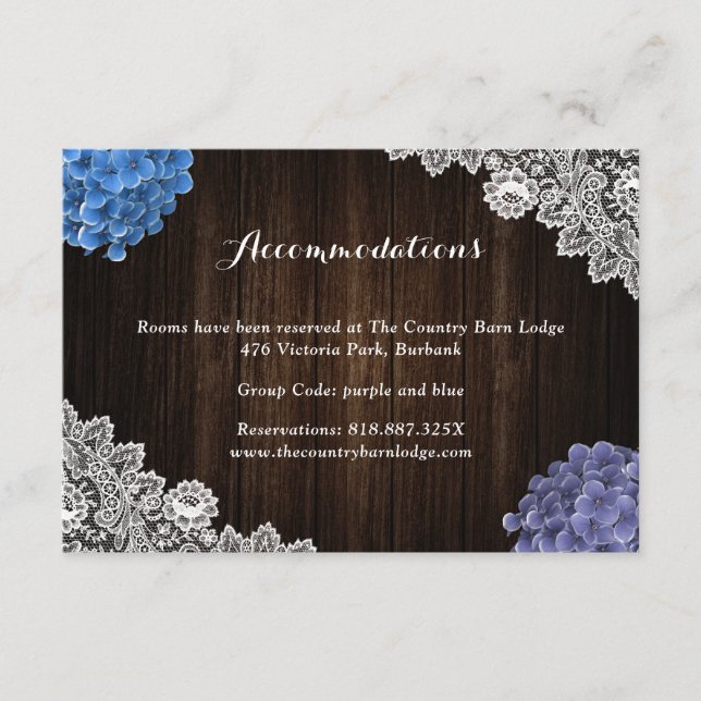 Purple Blue Floral Wedding Hotel Accommodation Begleitkarte (Vorderseite)