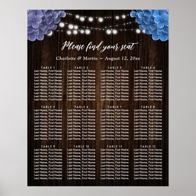 Purple Blue Floral Wedding Seating Chart 12 Poster (Vorne)