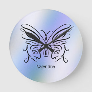 Purple Blue Holographic Butterfly Monogram Name  Runde Wanduhr
