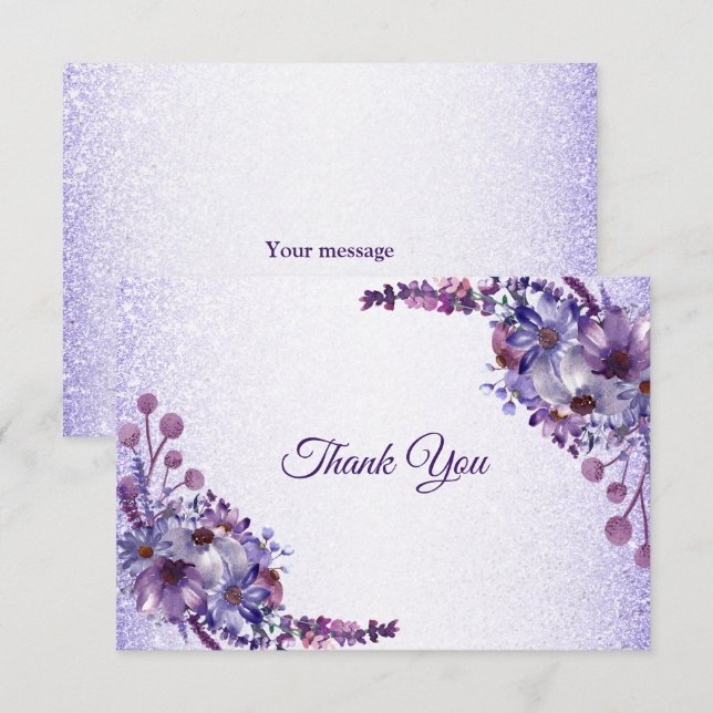 Purple Blue Pink Floral Glitter Elegant Wedding Dankeskarte (Vorne/Hinten)