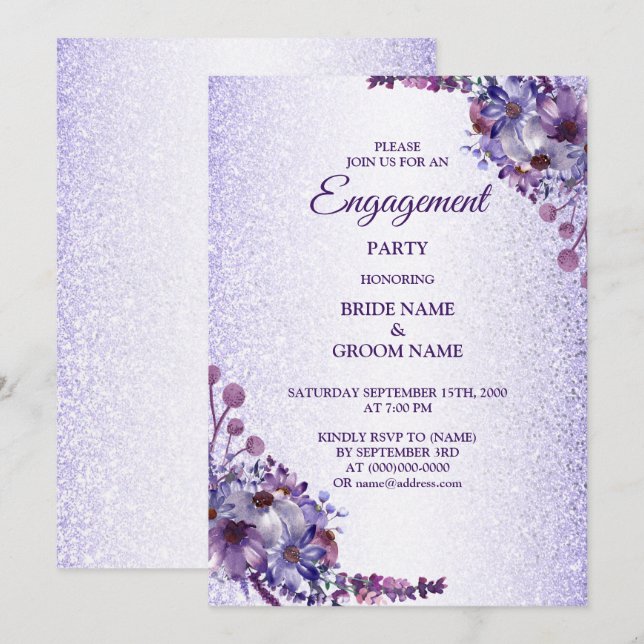 Purple Blue Pink Floral Glitter Engagement Party Einladung (Vorne/Hinten)