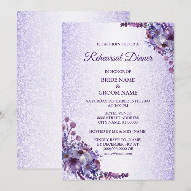 Purple Blue Pink Floral Glitter Rehearsal Dinner Einladung (Vorne/Hinten)