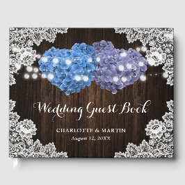 Purple Blue Rustic Wood Floral Lace Burlap Wedding Gästebuch