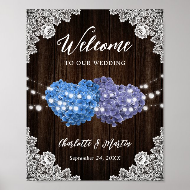 Purple Blue Rustic Wood Lace Wedding Welcome Sign Poster (Vorne)