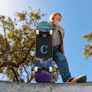 Purple, Blue, Teal and Gold Glitter Monogrammed Skateboard