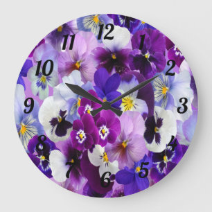 Purple Blue White Floral Pansy Flowers  Große Wanduhr