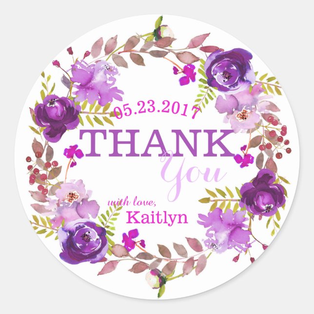Purple Blumen Aquarell Blumenstrauß Vielen Dank Runder Aufkleber (Vorderseite)