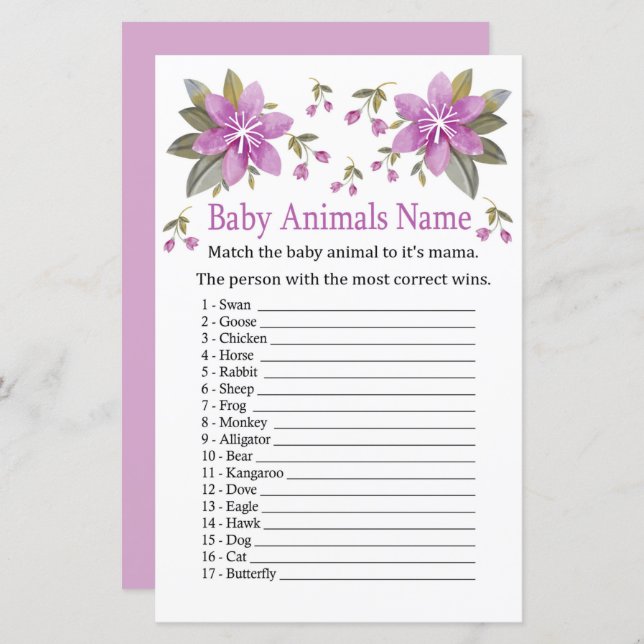 Purple Blumen Baby Animals Name Game (Vorne/Hinten)
