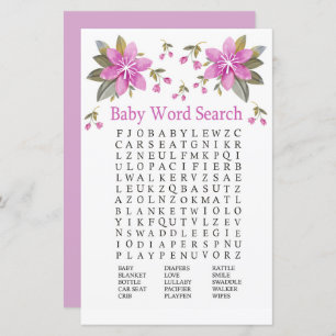 Purple Blumen Baby Dusche Word Search Game