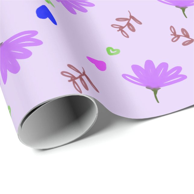 Purple Blumen Blue Hearts Geschenkpapier (Rolleneckpunkt)