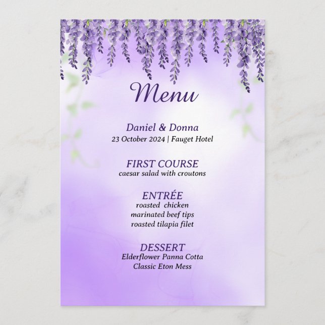 Purple Blumen | Einfaches Hochzeitmenü für Wasserf Menükarte (Vorderseite)