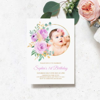 Purple Blumen & Gold Baby's erster Geburtstag Einladung