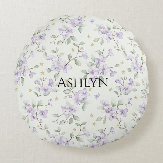 Purple Blumen Gold Stars Moons Rundes Kissen (Vorderseite)