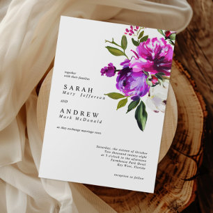 Purple Blumen & Greenery Blätter Moderne Hochzeit Einladung