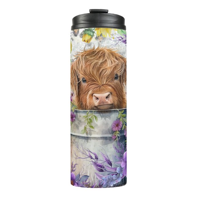Purple Blumen mit Highland Cow Thermosbecher (Vorderseite)