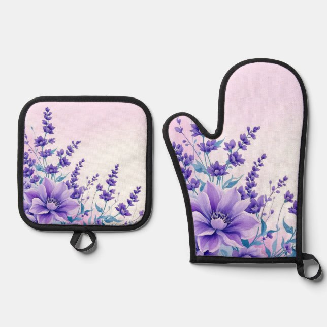 Purple Blumen Ofenhandschuh & Topflappen-Set (Vorderseite)