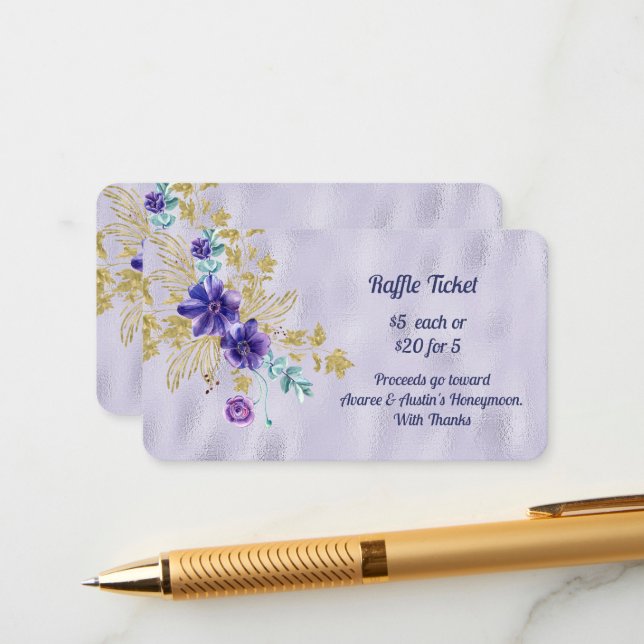 Purple Blumen und Gold Blätter Lila Foil Raffle Begleitkarte (Vorderseite/Rückseite Beispiel)