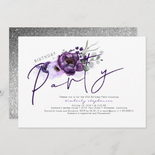 Purple Blumen und Silver Glitzer Geburtstagsparty Einladung