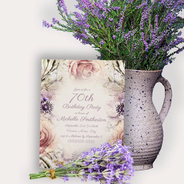 Purple Blush Pink Script Butterflies 70th Birthday Einladung (Von Creator hochgeladen)