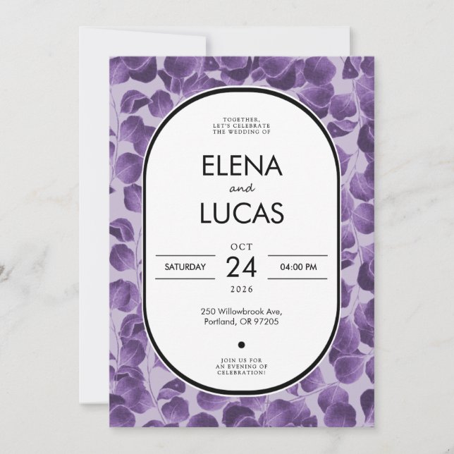 Purple Botanical Eucalyptus Wedding Invitation Einladung (Vorderseite)
