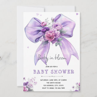 Purple bow baby in bloom invitation einladung