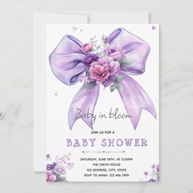 Purple bow baby in bloom invitation einladung (Vorderseite)