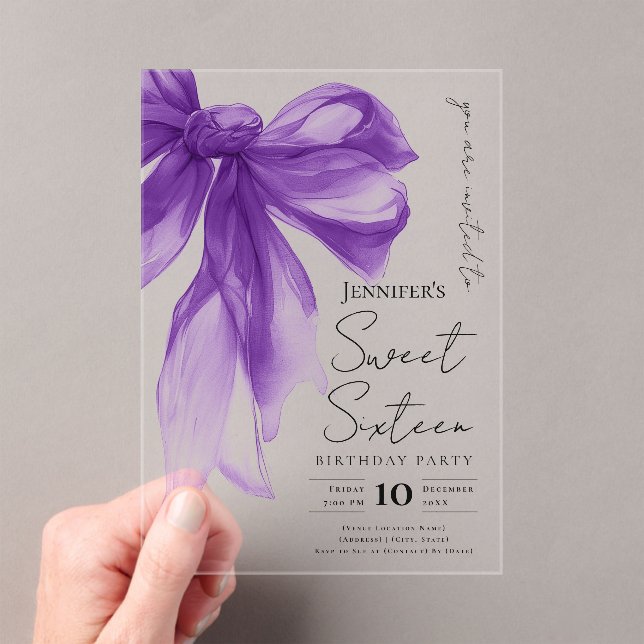 Purple Bow Coquette Script Sweet 16 Party Acryleinladungen (Insitu (Handheld))