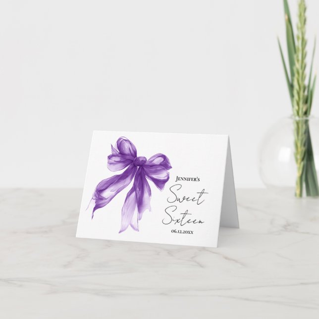Purple Bow Coquette Script Sweet 16 Thank You  Dankeskarte (Vorderseite)