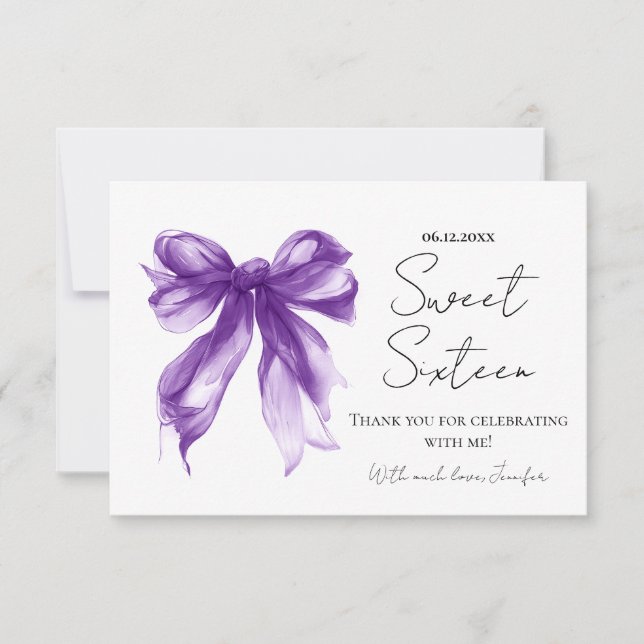 Purple Bow Coquette Script Sweet 16 Thank You  Dankeskarte (Vorderseite)