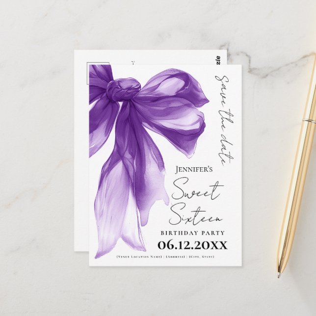 Purple Bow Coquette Sweet 16 Save the Date  Postkarte (Vorderseite/Rückseite Beispiel)