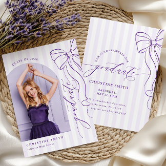 Purple Bow Stripes Graduate Photo Invitation Einladung