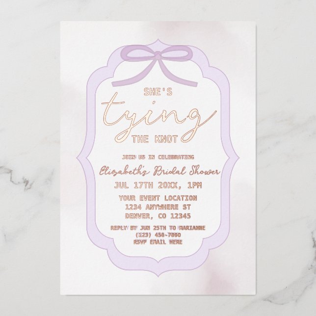 Purple Bow Watercolor Bridal Shower Folieneinladung (Vorderseite)