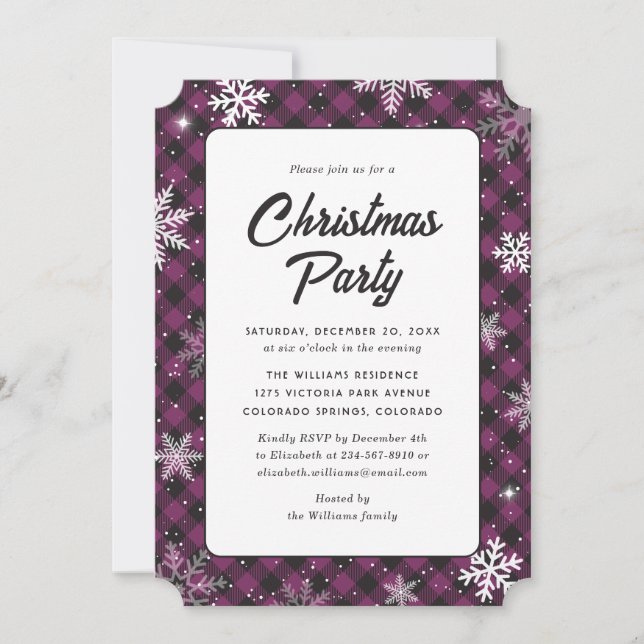 Purple Buffalo Plaid Snowflake Christmas Party Einladung (Vorderseite)