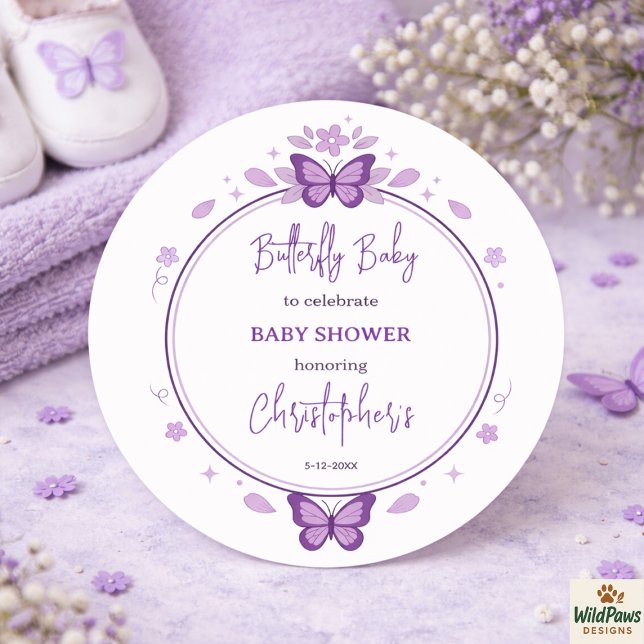 Purple Butterfly Baby Girl Baby Shower  Runder Aufkleber (Purple Butterfly Baby Girl Baby Shower Classic Round Sticker
)