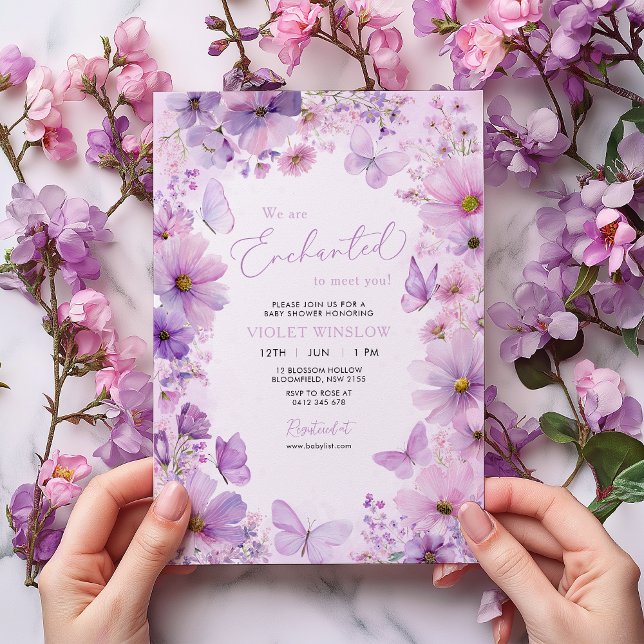 Purple Butterfly Floral Baby Shower Enchanted Einladung (Girl Baby Shower Invitation. Enchanted Purple Floral Butterfly)