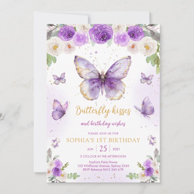 Purple Butterfly Floral Girl Birthday Invitation Einladung (Vorderseite)