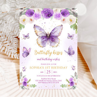 Purple Butterfly Floral Girl Birthday Invitation Einladung