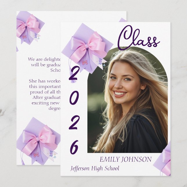 Purple Cap Photo Graduation Announcement  Einladung (Vorne/Hinten)