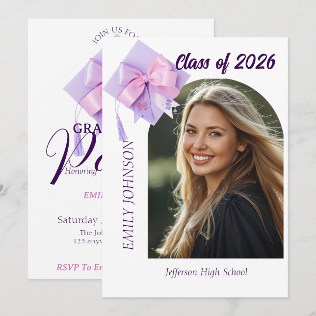 Purple Cap Photo Graduation Party Invitation Einladung (Vorne/Hinten)