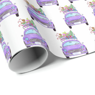 Purple Car with Christmas Ohrts Watercolor Geschenkpapier