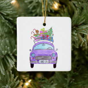 Purple Car with Christmas Ohrts Watercolor Keramikornament