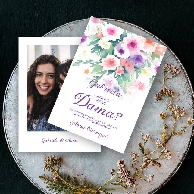 Purple Charming Delicate Wildflowers Quinceañera Einladung (Purple Spanish Charming Delicate Colorful Wildflowers Quinceañera Dama with Photo Proposal Card. )