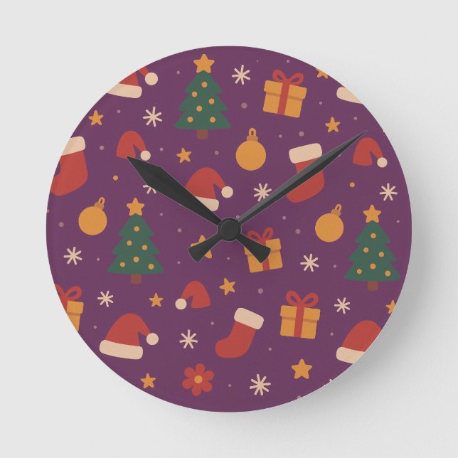 Purple Christmas Pattern Aesthetic – Cute Holiday  Runde Wanduhr (Vorderseite)