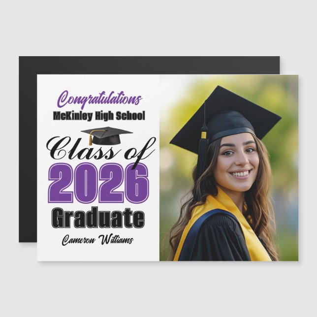 Purple Class of 2026 Graduation Photo Magnet Card (Vorne/Hinten)
