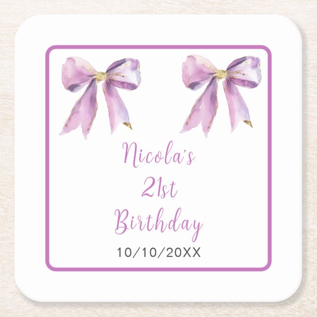 Purple Coquette Bow Birthday Party Rechteckiger Pappuntersetzer (Vorderseite)