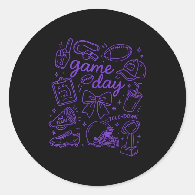 Purple Coquette Bow Cheer Game Day Doodle Touchdow Runder Aufkleber (Vorderseite)