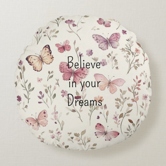 Purple Cream Butterflies Floral Believe Dreams Rundes Kissen (Vorderseite)