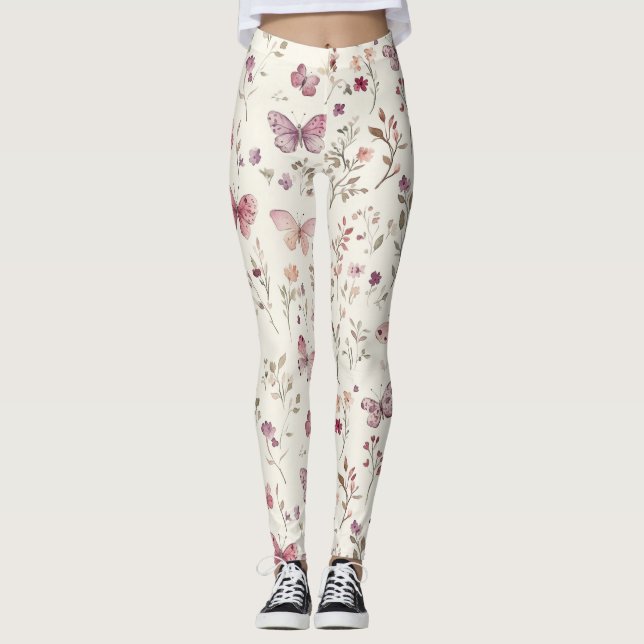 Purple Cream Butterflies Floral Leggings (Vorderseite)