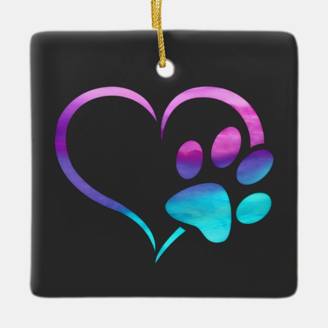 Purple Cyan Dog paw Print Heart  Keramikornament (Vorderseite)